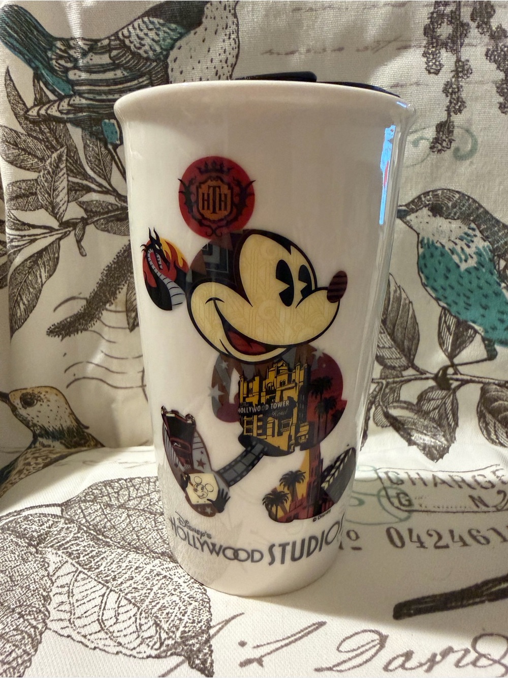 Disney White Ceramic Mickey Travel Mug with Multi-Color Artwork